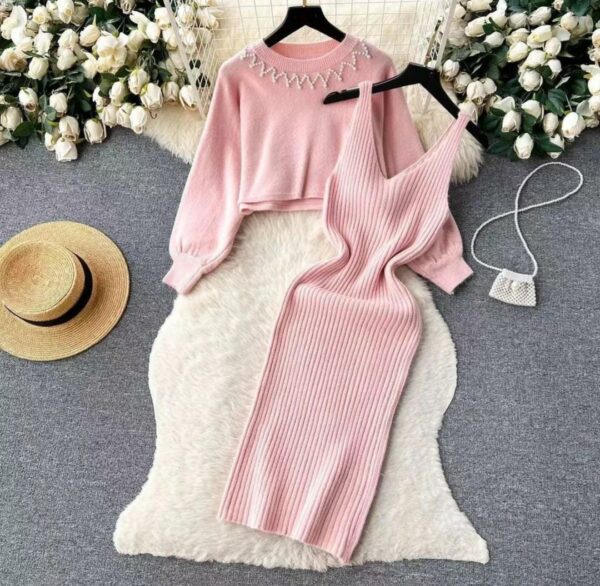 Beautiful Women Dress 2024 Autumn Winter Elegant Pearl O-neck Knitted top + Spaghetti Strap Dress Two Piece Suits