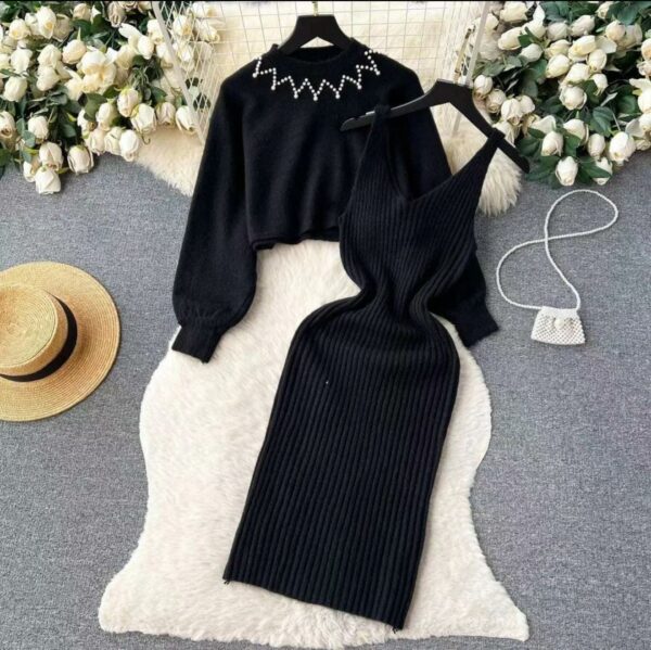Beautiful Women Dress 2024 Autumn Winter Elegant Pearl O-neck Knitted top + Spaghetti Strap Dress Two Piece Suits - Image 4