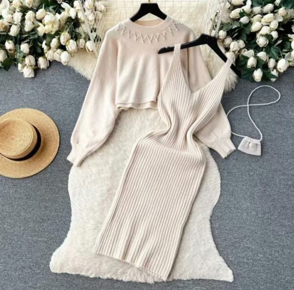 Beautiful Women Dress 2024 Autumn Winter Elegant Pearl O-neck Knitted top + Spaghetti Strap Dress Two Piece Suits - Image 3