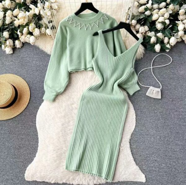 Beautiful Women Dress 2024 Autumn Winter Elegant Pearl O-neck Knitted top + Spaghetti Strap Dress Two Piece Suits - Image 5