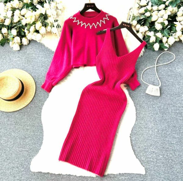 Beautiful Women Dress 2024 Autumn Winter Elegant Pearl O-neck Knitted top + Spaghetti Strap Dress Two Piece Suits - Image 2