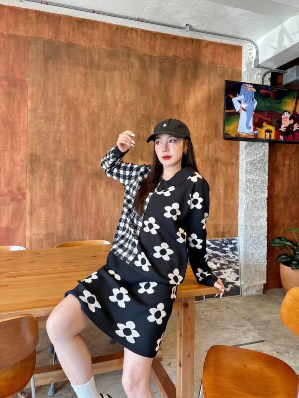 Long-sleeved floral woven cardigan skirt set - Image 2