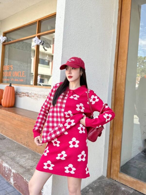 Long-sleeved floral woven cardigan skirt set - Image 3