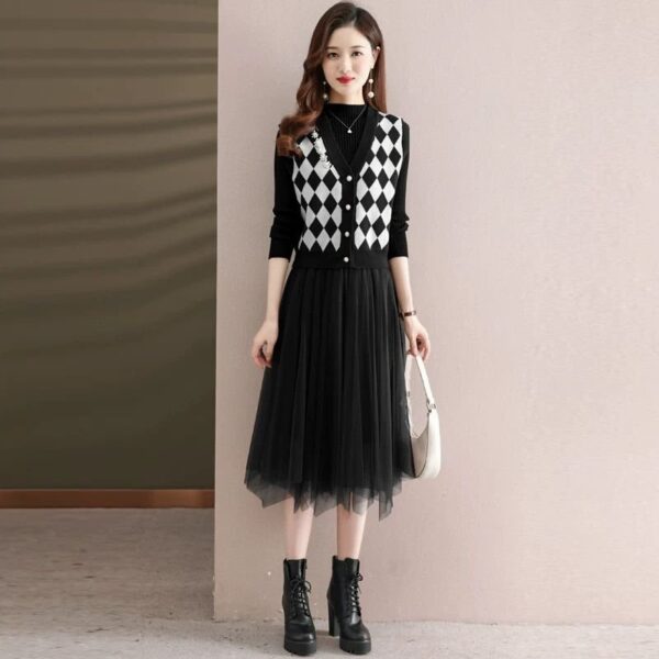Beaded Knitted Vest and Mesh Frock Dress - Image 3