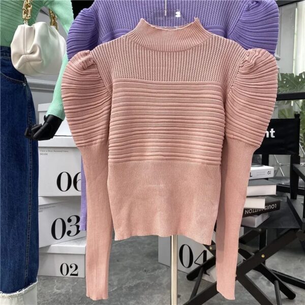 Puff Slevee Long Sleeve Sweater Jumpers Women Knitted Hollow Out Cropped Sweater Pullover Top - Image 3