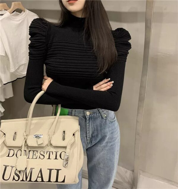 Puff Slevee Long Sleeve Sweater Jumpers Women Knitted Hollow Out Cropped Sweater Pullover Top - Image 4