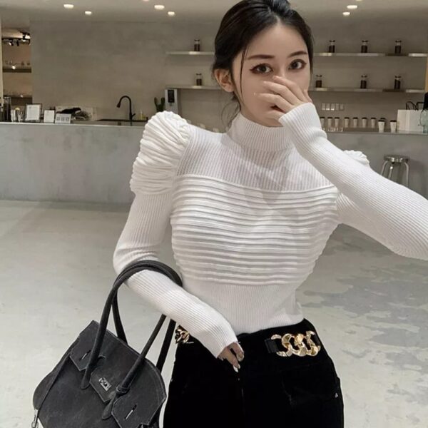 Puff Slevee Long Sleeve Sweater Jumpers Women Knitted Hollow Out Cropped Sweater Pullover Top