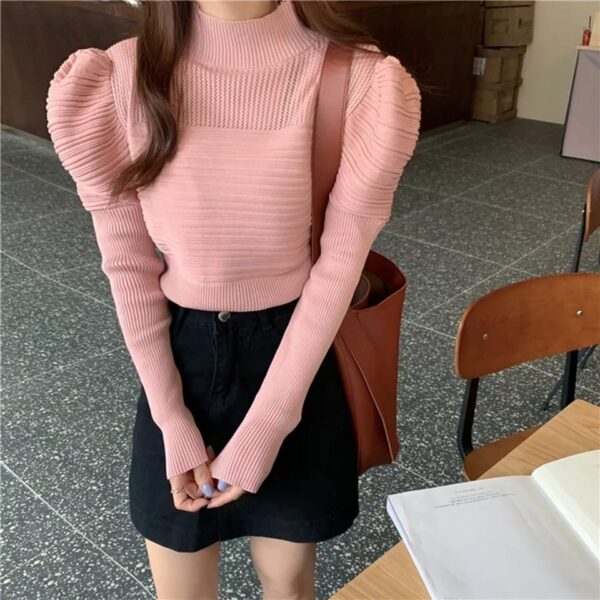 Puff Slevee Long Sleeve Sweater Jumpers Women Knitted Hollow Out Cropped Sweater Pullover Top - Image 6