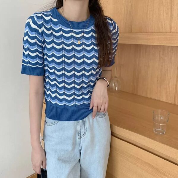 Korean Style Tee Striped Bottoming Knitted Short Sleeve Turn Down Collar Sweet Tee Top* - Image 6