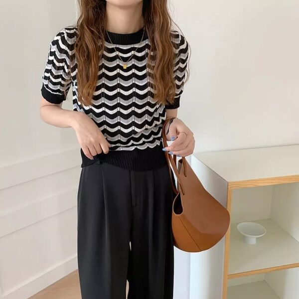 Korean Style Tee Striped Bottoming Knitted Short Sleeve Turn Down Collar Sweet Tee Top* - Image 5