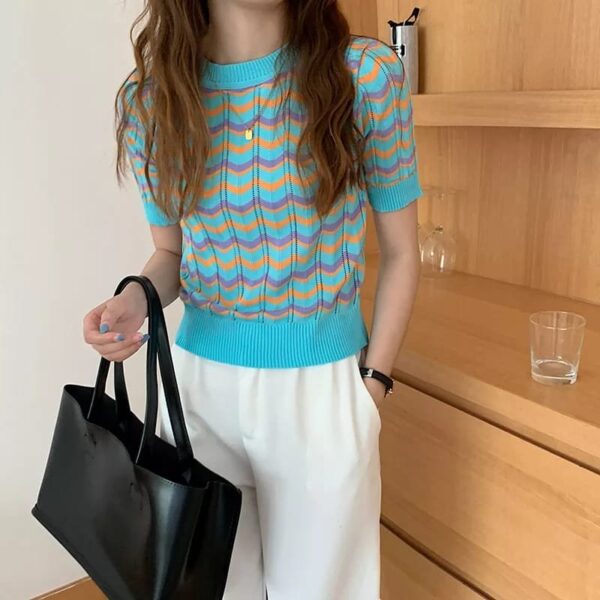 Korean Style Tee Striped Bottoming Knitted Short Sleeve Turn Down Collar Sweet Tee Top*