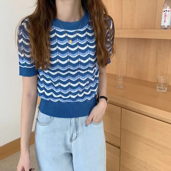 Korean Style Tee Striped Bottoming Knitted Short Sleeve Turn Down Collar Sweet Tee Top* - Image 2