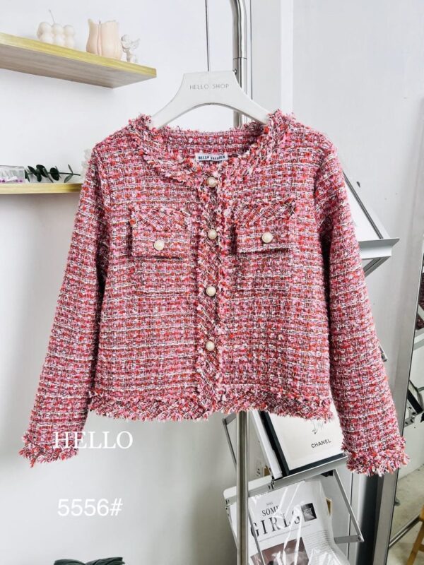 Long-sleeved tweed Jacket with fringed edges and two front pockets - Image 2