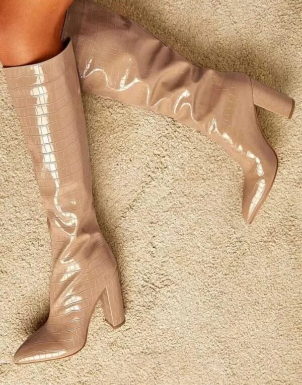 Croc Knee High Block Heel Boots