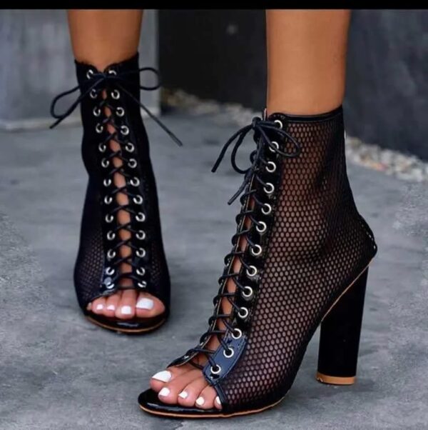 Premium Lace Up Mesh Block Heel Boots