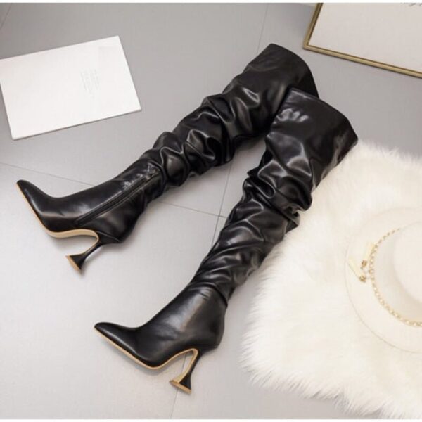 Over Knee Pleated High Heels Pointed Toe Leather Design High Quality Boots On Pre-book - Image 2