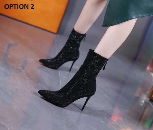 Pointed Rhinestone Back Zipper Thin Heel Boots On Pre-book - Image 2