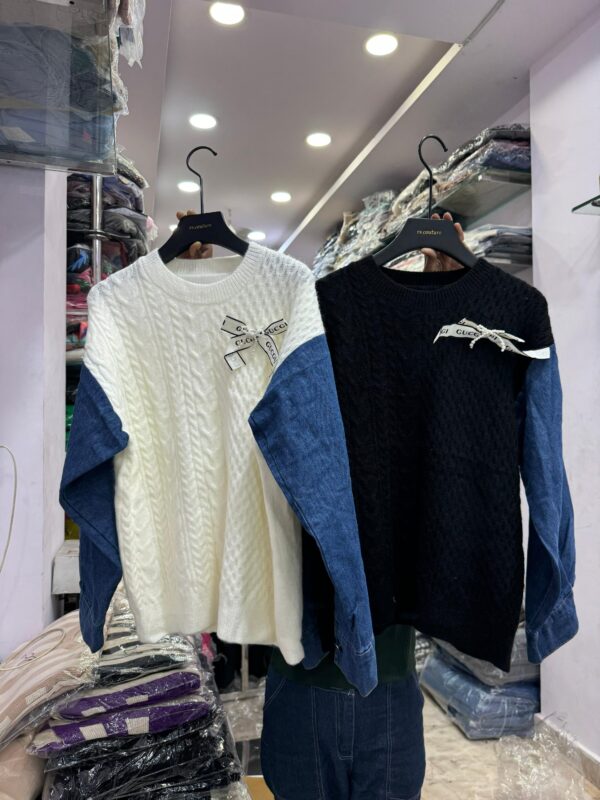 Denim Sleeve Soft Woolen Sweater - Image 2
