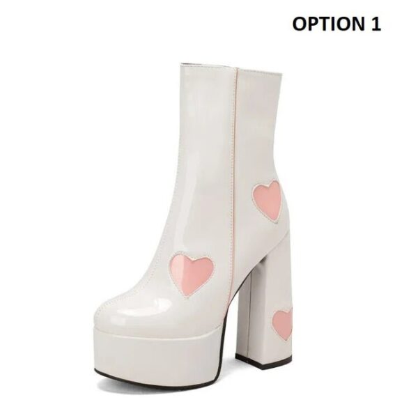 Chunky High Heel Round Toe Pink Heart Short Boots On Pre-book - Image 4