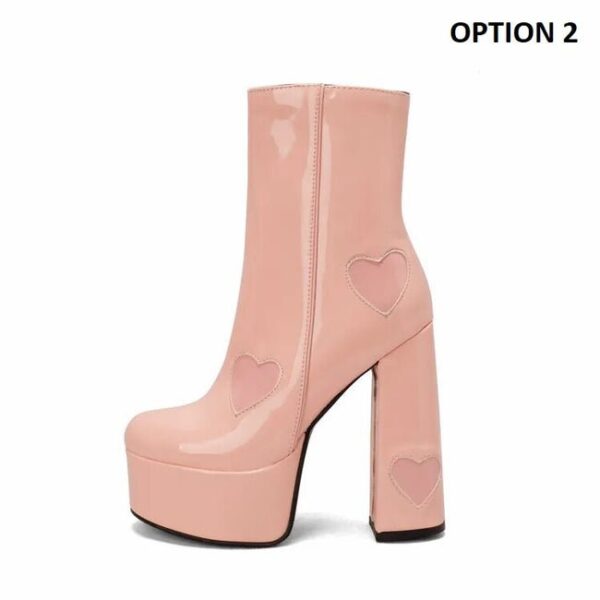 Chunky High Heel Round Toe Pink Heart Short Boots On Pre-book - Image 5