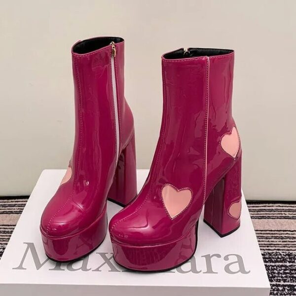 Chunky High Heel Round Toe Pink Heart Short Boots On Pre-book - Image 2