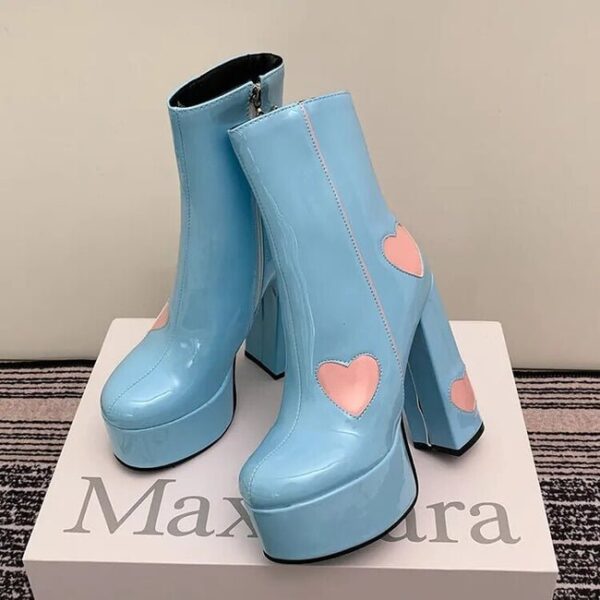 Chunky High Heel Round Toe Pink Heart Short Boots On Pre-book - Image 3