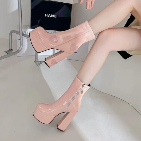 Chunky High Heel Round Toe Pink Heart Short Boots On Pre-book - Image 6