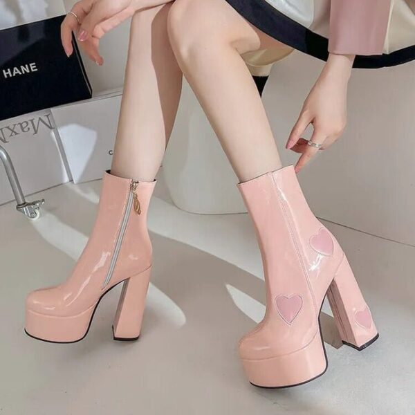 Chunky High Heel Round Toe Pink Heart Short Boots On Pre-book - Image 12