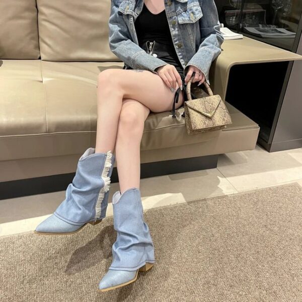 Denim Fabric Cowboy Boots On Pre-book