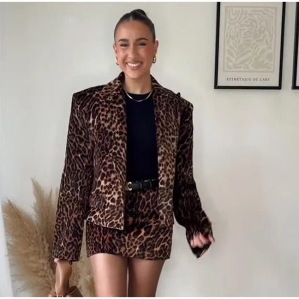 Leopard Print Single Breasted Notched Short Coat Mini Skirt 2 Piece Set on Pre-book - Image 6