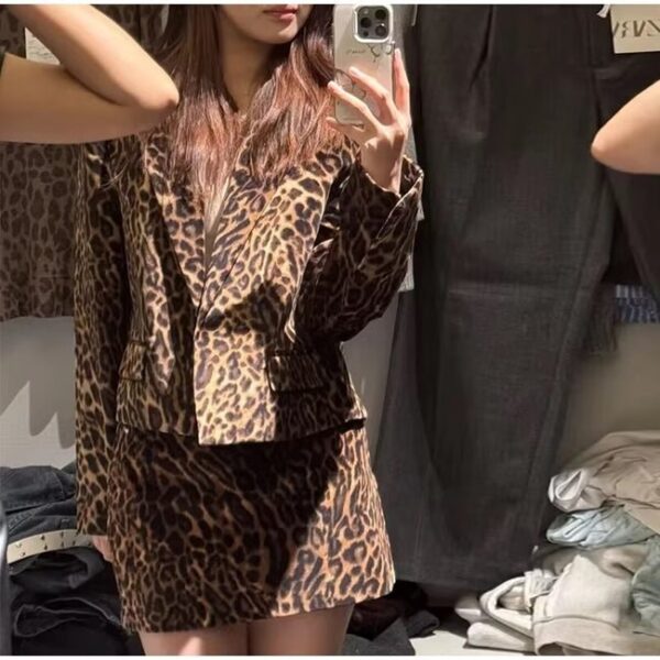 Leopard Print Single Breasted Notched Short Coat Mini Skirt 2 Piece Set on Pre-book - Image 4