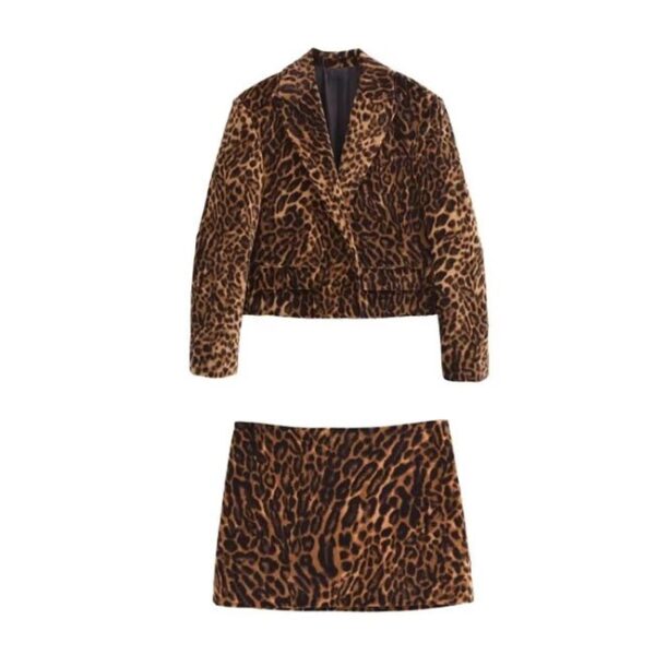 Leopard Print Single Breasted Notched Short Coat Mini Skirt 2 Piece Set on Pre-book - Image 2