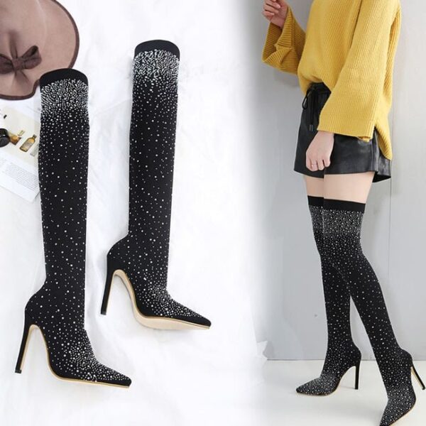 Pointed Tube Socks High Heel Luxury Rhinestone Knee Boots On Pre-book - Image 3
