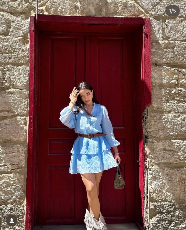 Crushed Fabric Linen Dress with Leather Belt - Image 2