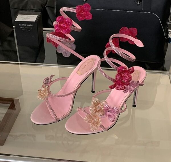 Luxury Rhinestone Flower Strappy Heels on Prebook Copy - Image 4