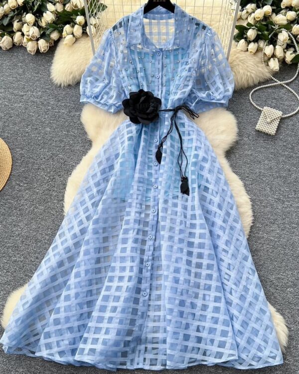 Elegant  Organza Dress with Puff Sleeves - Image 3